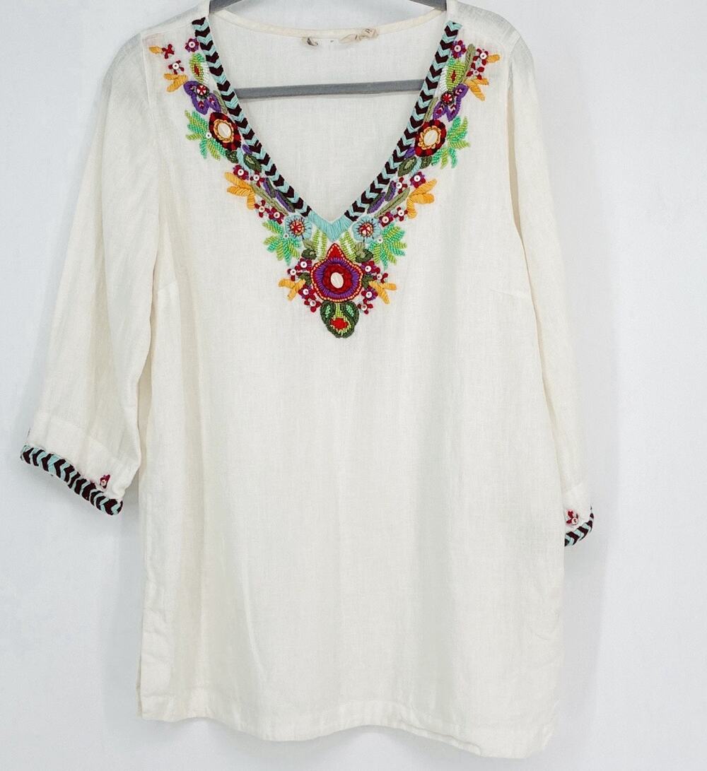 Soft Surroundings Fiesta Embroidered Beaded Linen Floral Tunic Top Cottage M